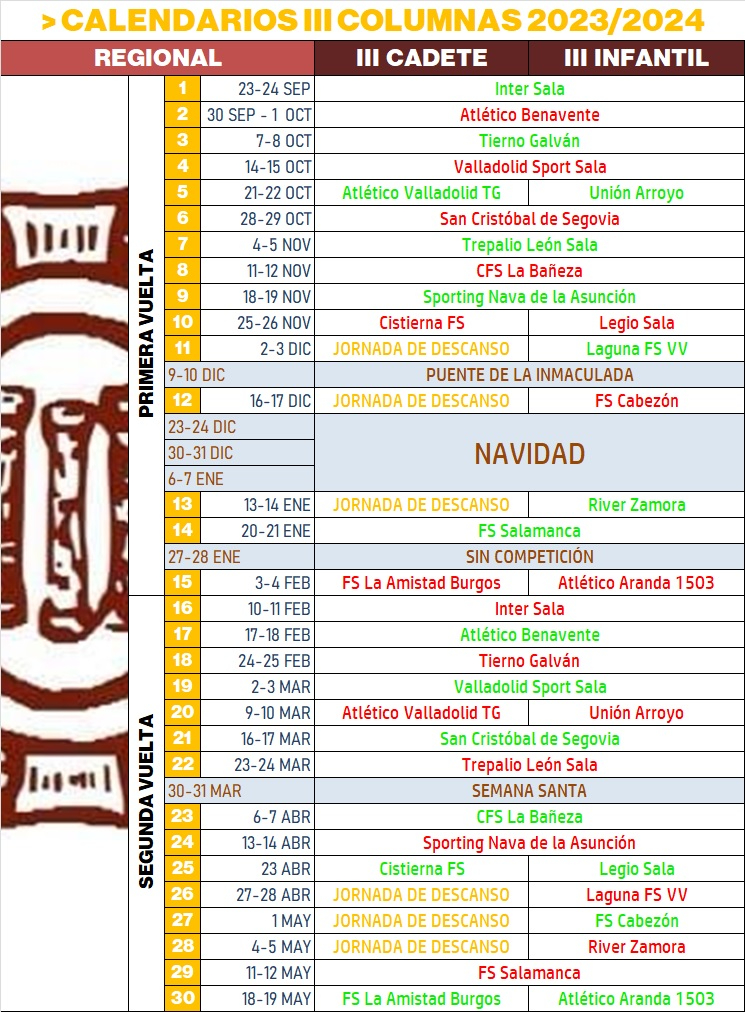 Disponibles los calendarios del Cadete e Infantil regionales del III Columnas