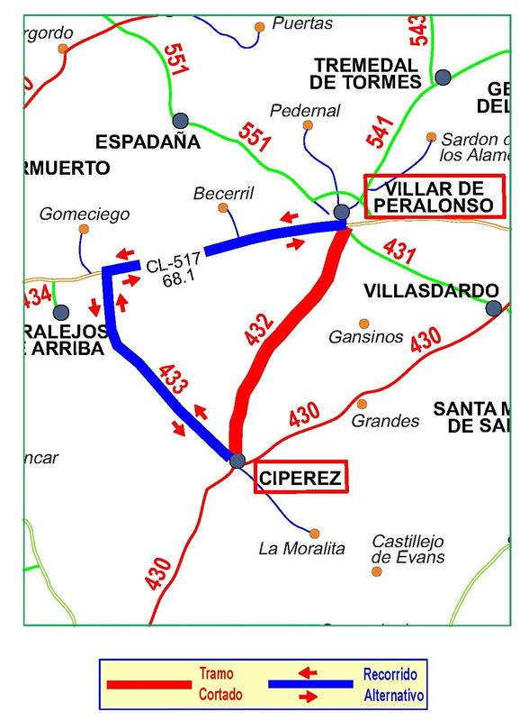 Cortada al tráfico la carretera DSA-432 entre Villar de Peralonso y Cipérez
