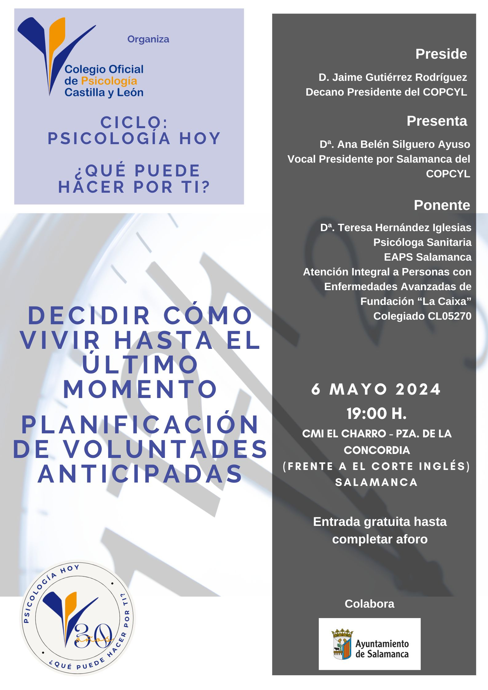 El COPCYL celebra en Salamanca la charla ‘Decidir cómo vivir hasta el último momento’