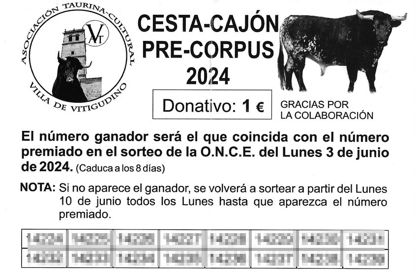 El 55.507, número premiado con la cesta del  VIII Toro de Cajón Villa de Vitigudino