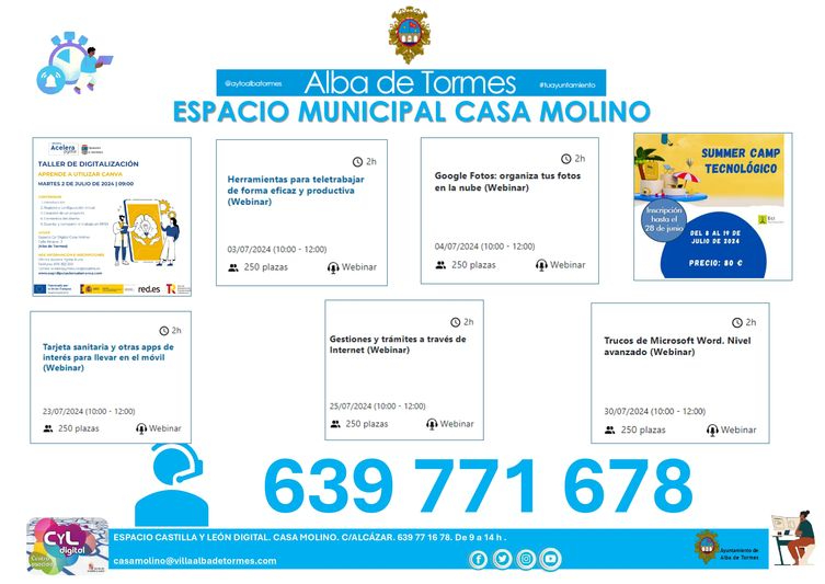 Calendario de cursos en la Casa Molino durante el mes de julio