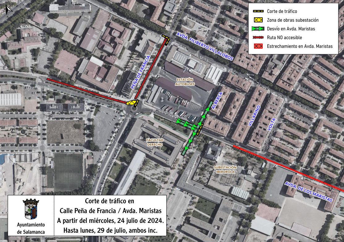 Cortes de tráfico y desvíos en la avenida de Maristas y la calle Peña de Francia