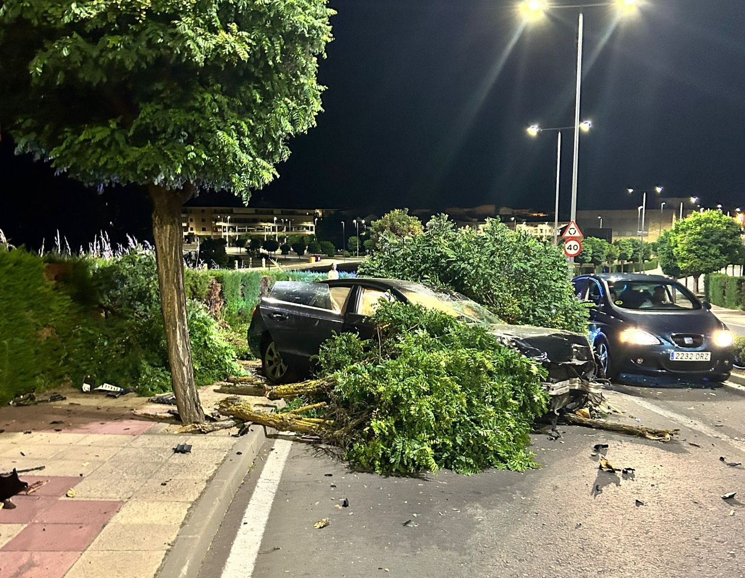 Se estrella con su coche en la rotonda de entrada a Carbajosa y destroza los árboles tras la victoria de España en la Eurocopa