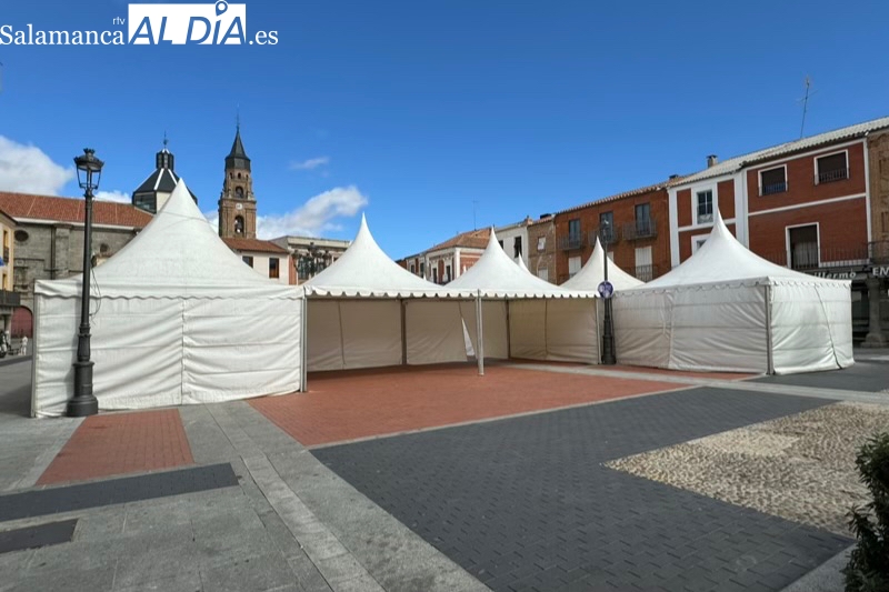 El montaje de carpas para los cerca de 30 expositores de la II Feria Agroalimentaria transforma ya la Plaza de la Constitución