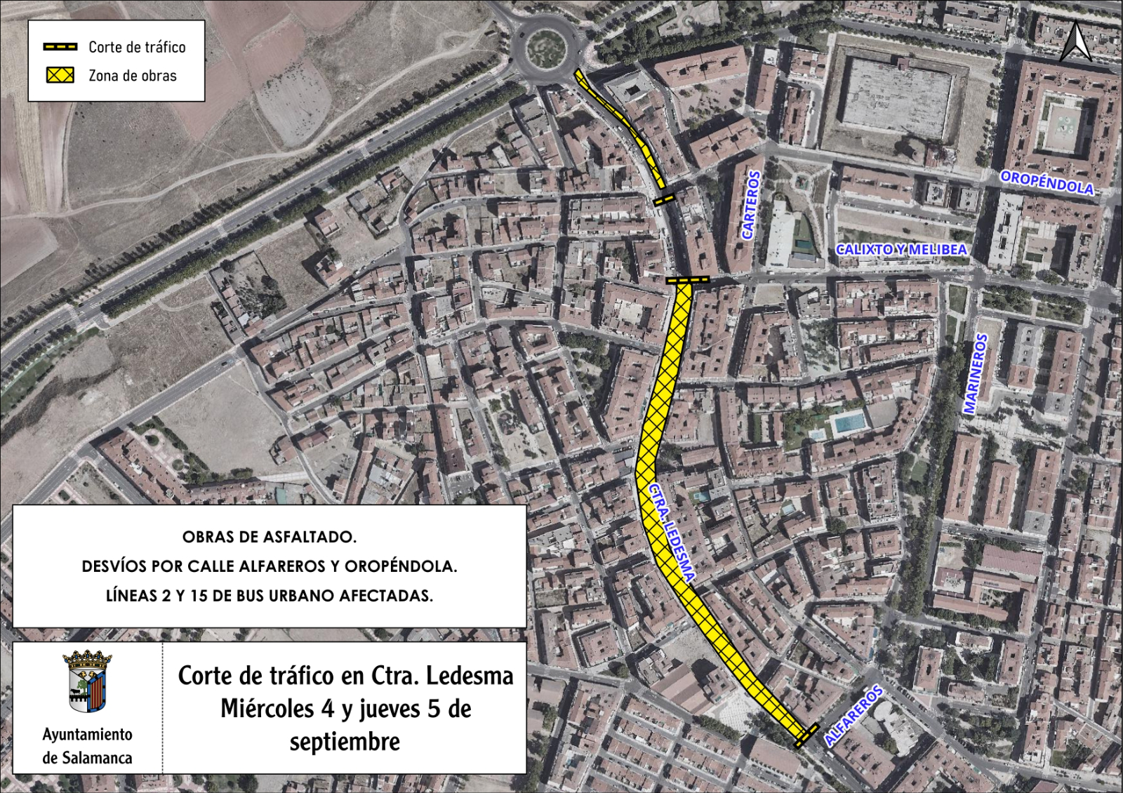 El asfaltado de la carretera de Ledesma provoca cortes de tráfico y cambios en dos líneas del bus