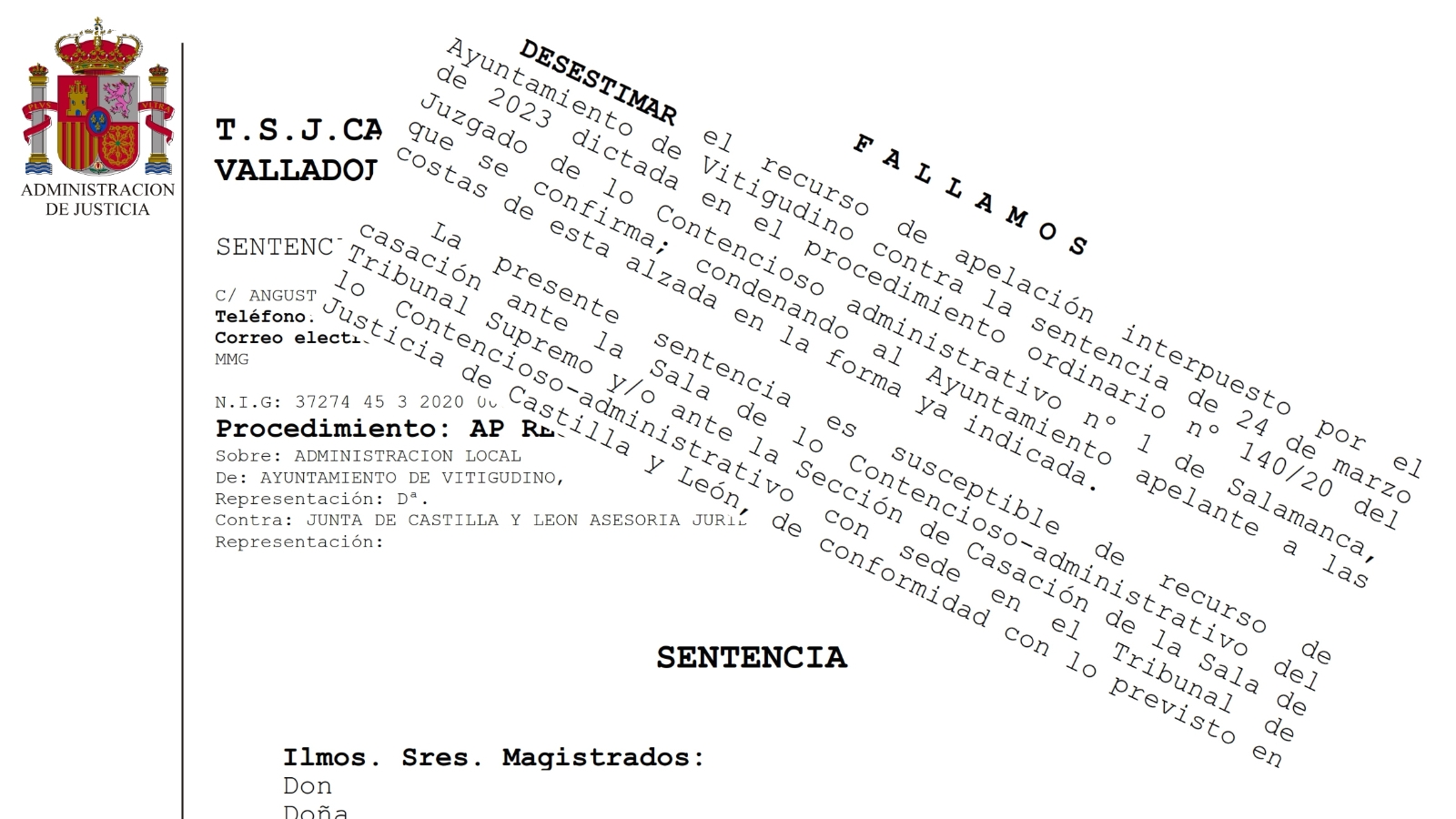 El TSJCyL desestima la apelación del Ayuntamiento de Vitigudino sobre la dedicación a una concejala no adscrita 