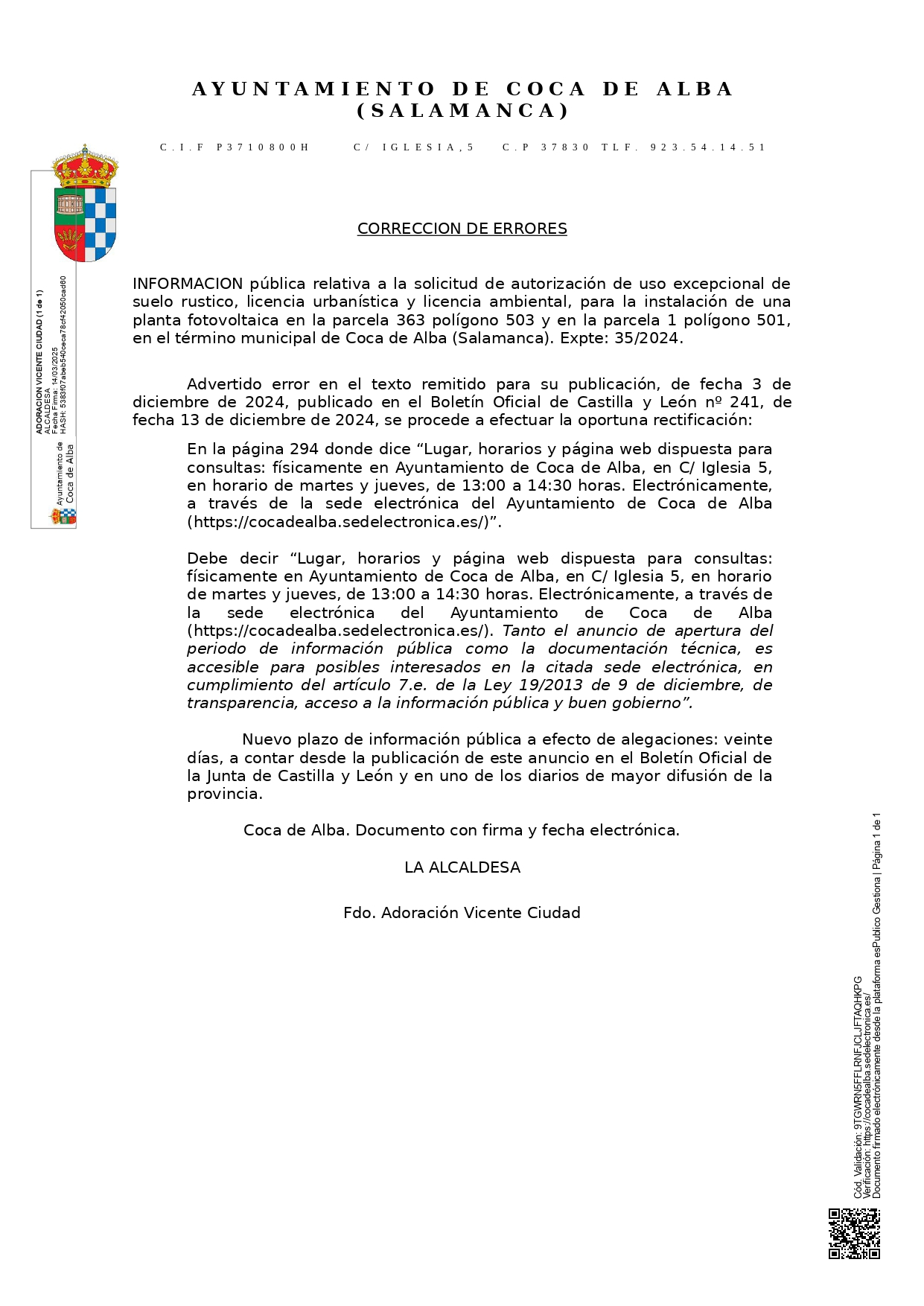 Edicto - Ayuntamiento de Coca de Alba: Corrección de errores