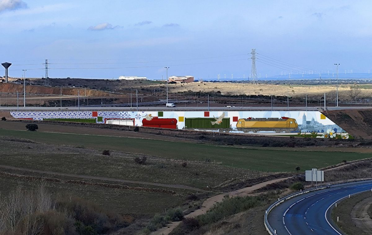 Así será el mural del artista Abel Ferreras ‘Caín’ que decorará el muro del Puerto Seco visible desde la autovía A-66
