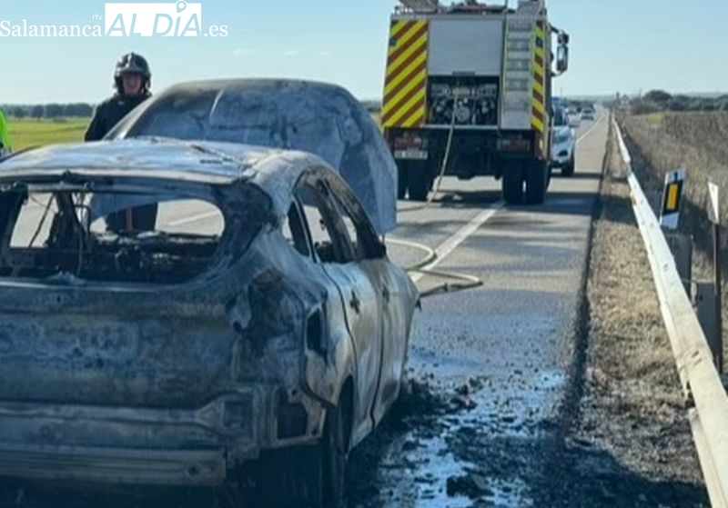 Un coche devorado por las llamas en la N-630 a su paso por Villares de la Reina