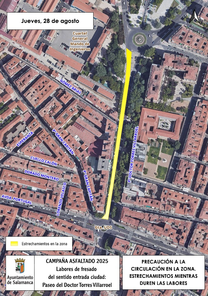 Estrechamientos de carril este jueves en el paseo del Doctor Torres Villarroel por obras de asfaltado