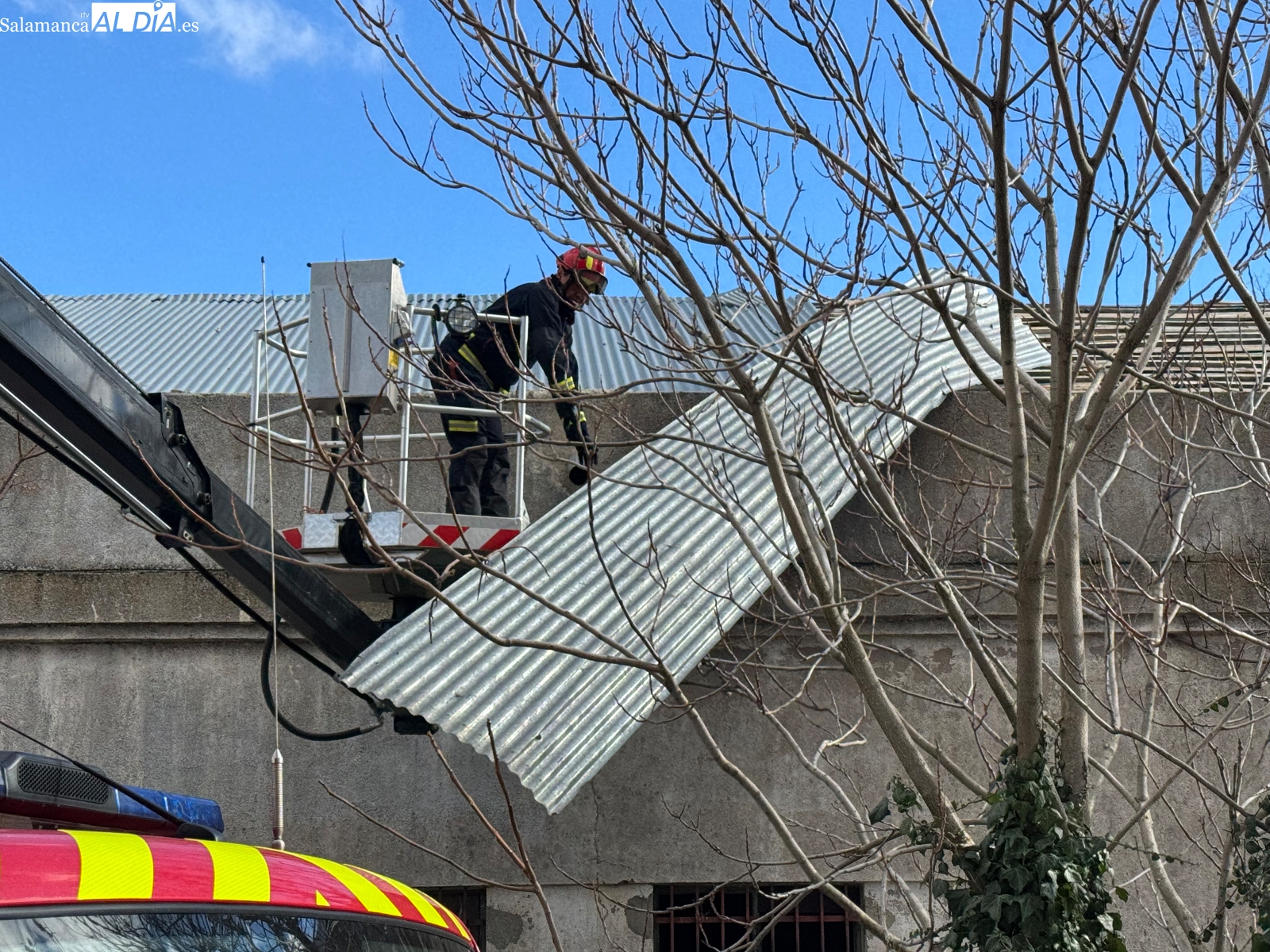 Efectivos voluntarios de los bomberos retiran una gran chapa metálica de la antigua fábrica de harinas para evitar su caída a la calle