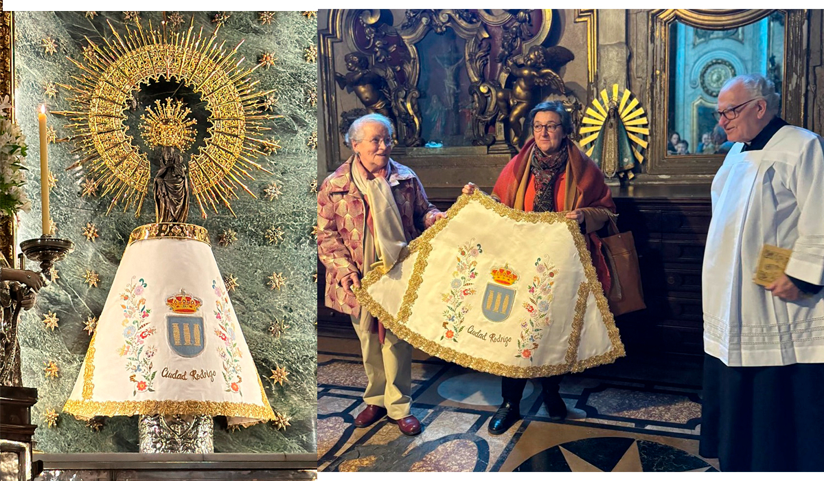 La Virgen del Pilar de Zaragoza ha lucido un manto con el escudo de Ciudad Rodrigo 