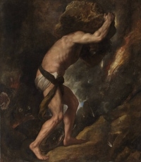 Sísifo. Tiziano. Palacio de Binche, en la actualidad en el Museo del Prado