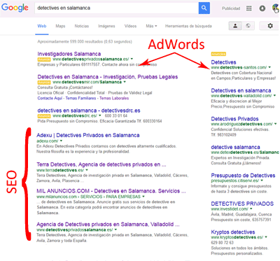 AdWords: Ejemplo de búsqueda con anuncios, diferencias SEM y SEO