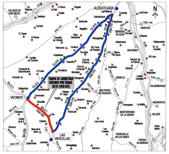 Corte de la carretera  de Vecinos a Las Veguillas por obras   