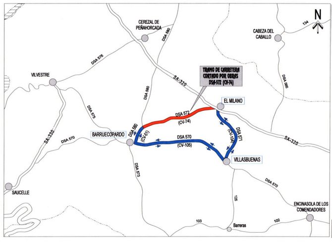 Cortada la carretera entre Barruecopardo y El Milano por obras  