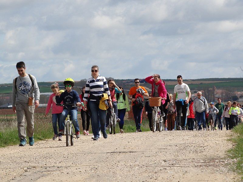 Los caminantes avanzan por el camino que une Villoria y Moríñigo