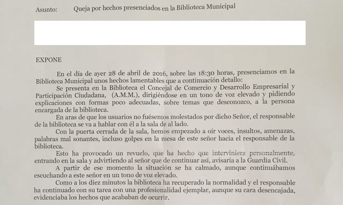 Reclamación dirigida al alcalde de Villlares de la Reina