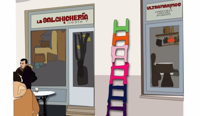 Dibujo de la fachada de La Salchichería, en la plaza del Oeste