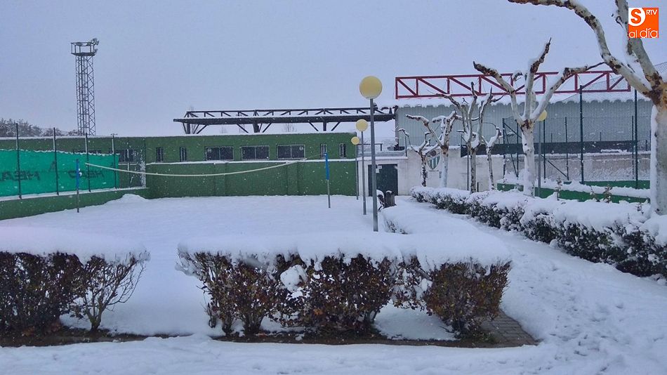 El Municipal de Guijuelo, este domingo, cerrado y totalmente nevado. Foto: Kiko Robles