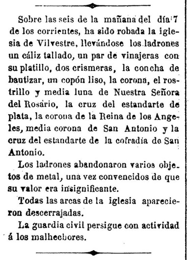El robo de la iglesia de Vilvestre de 1889