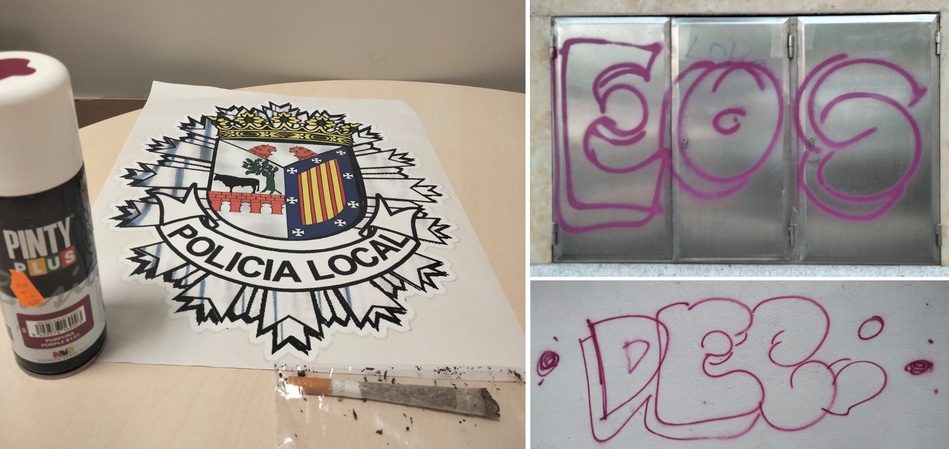 Imagen de las pintadas y del bote de spray y sustancias estupefacientes incautadas