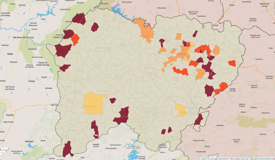 Mapa de incidencia acumulada a 14 días en la provincia de Salamanca - JCyL