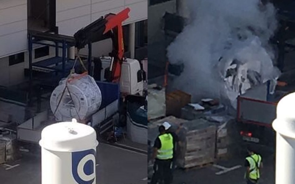 Dos imágenes del accidentado traslado de esta máquina de resonancia magnética en el hospital de Salamanca. Fotos de  la Coordinadora de Trabajadores de Sanidad de Salamanca
